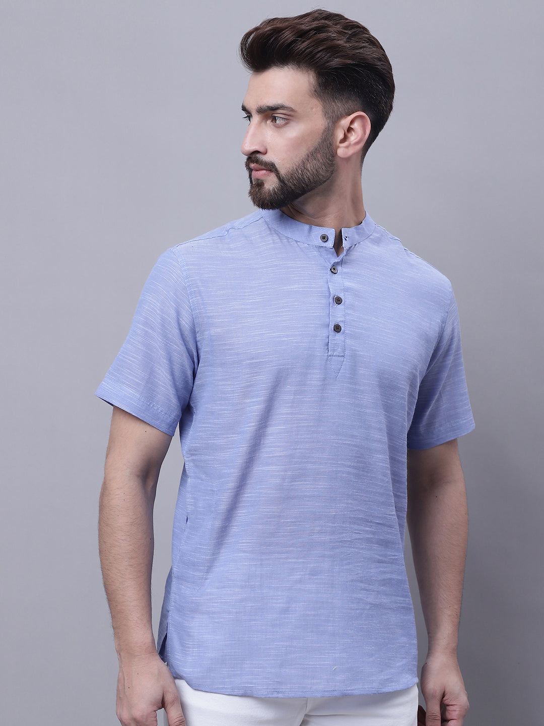 Even Apparels Blue Pure Cotton Short Kurta With Band Collar