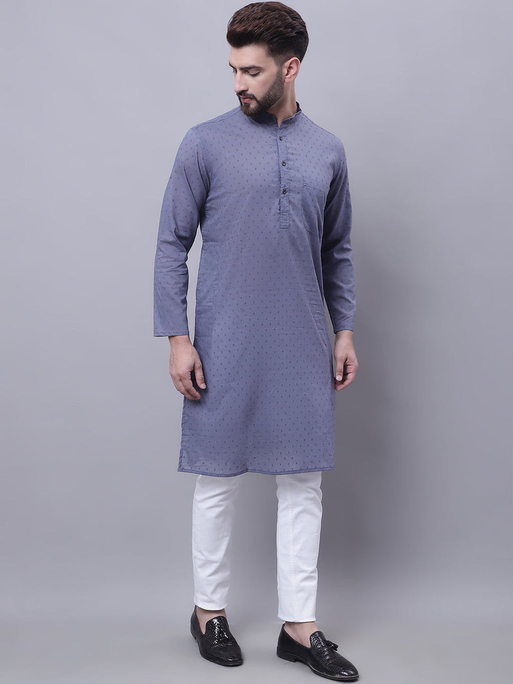 Even Apparels Grey Pure Cotton Kurta With Band Collar