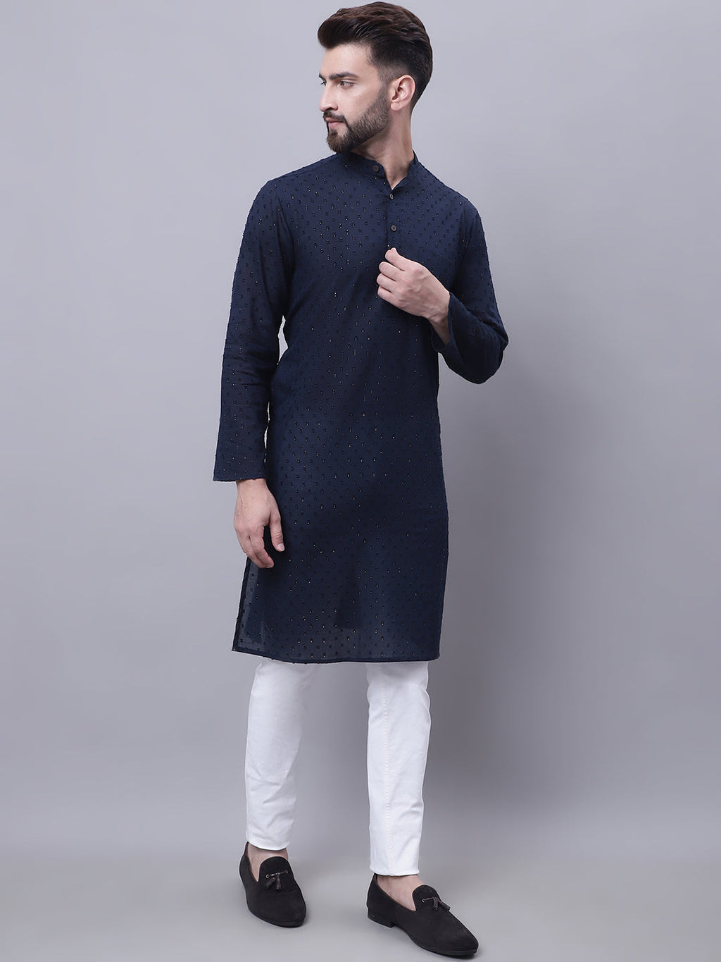 Even Apparels Blue Pure Cotton Kurta With Band Collar