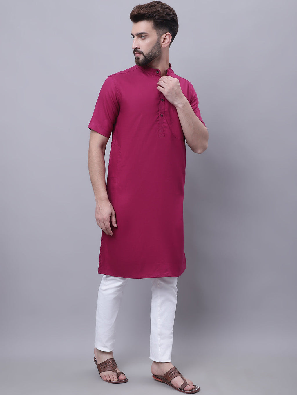 Even Apparels Maroon Pure Cotton Short Sleeves Kurta With Band Collar