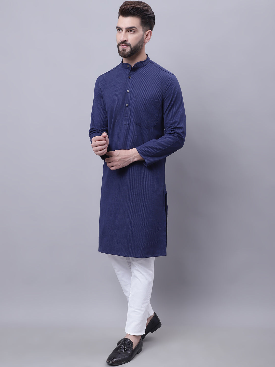 Even Apparels Blue Pure Cotton Kurta With Band Collar