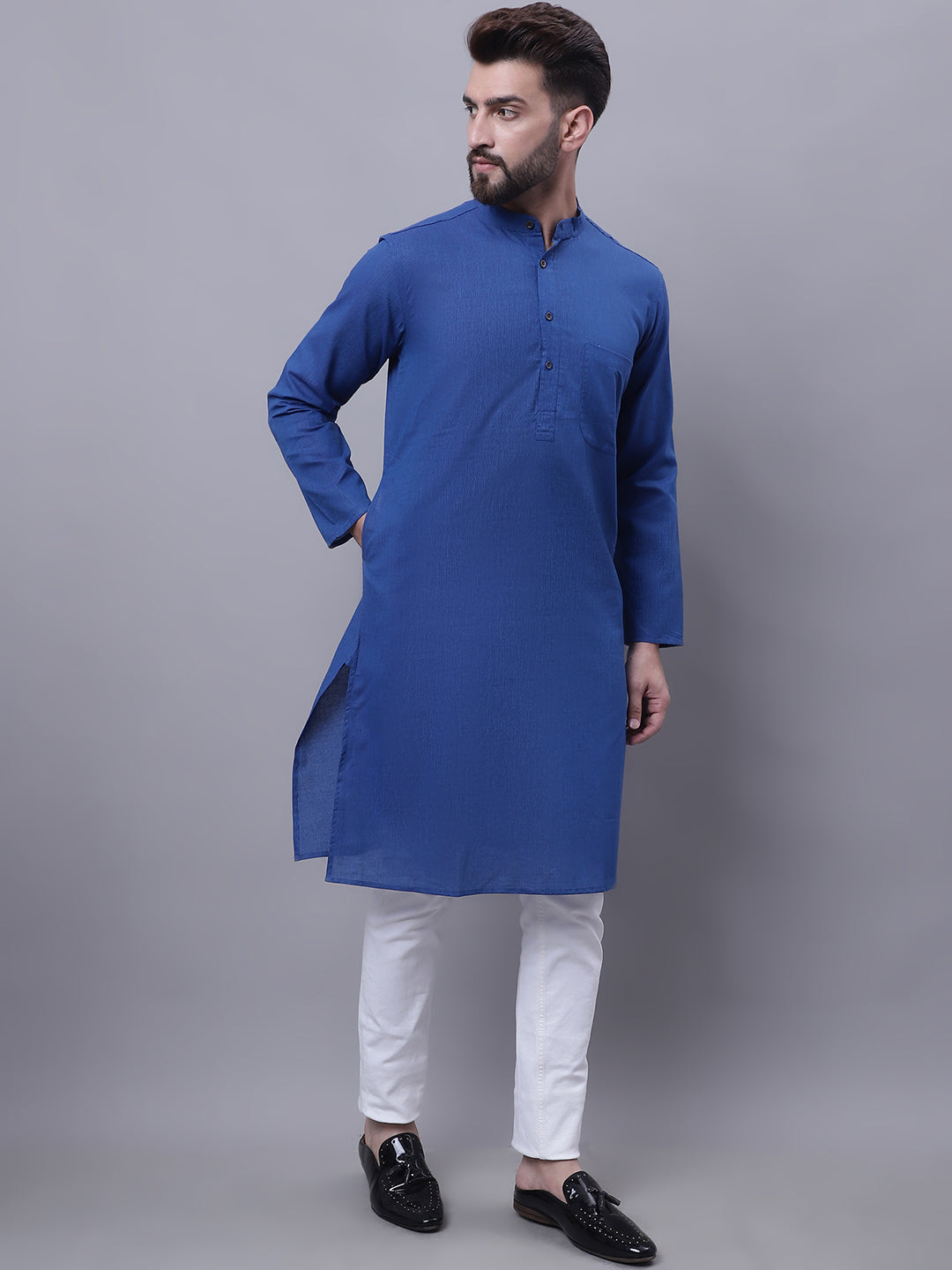 Even Apparels Blue Pure Cotton Kurta With Band Collar