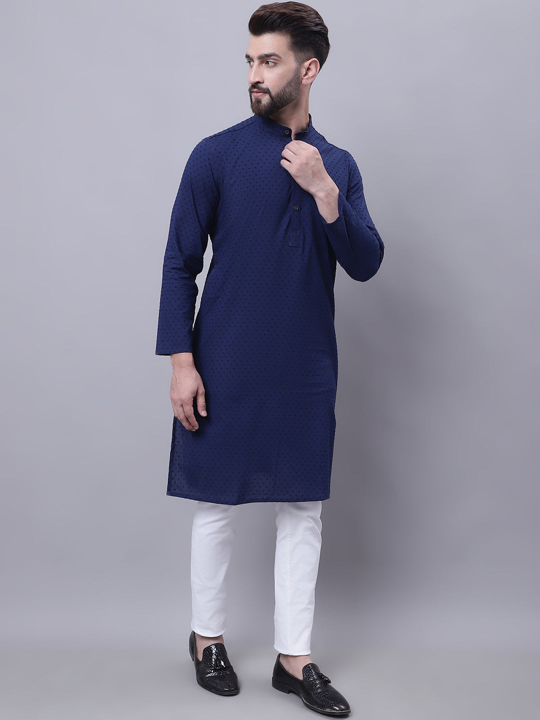 Even Apparels Blue Pure Cotton Kurta With Band Collar