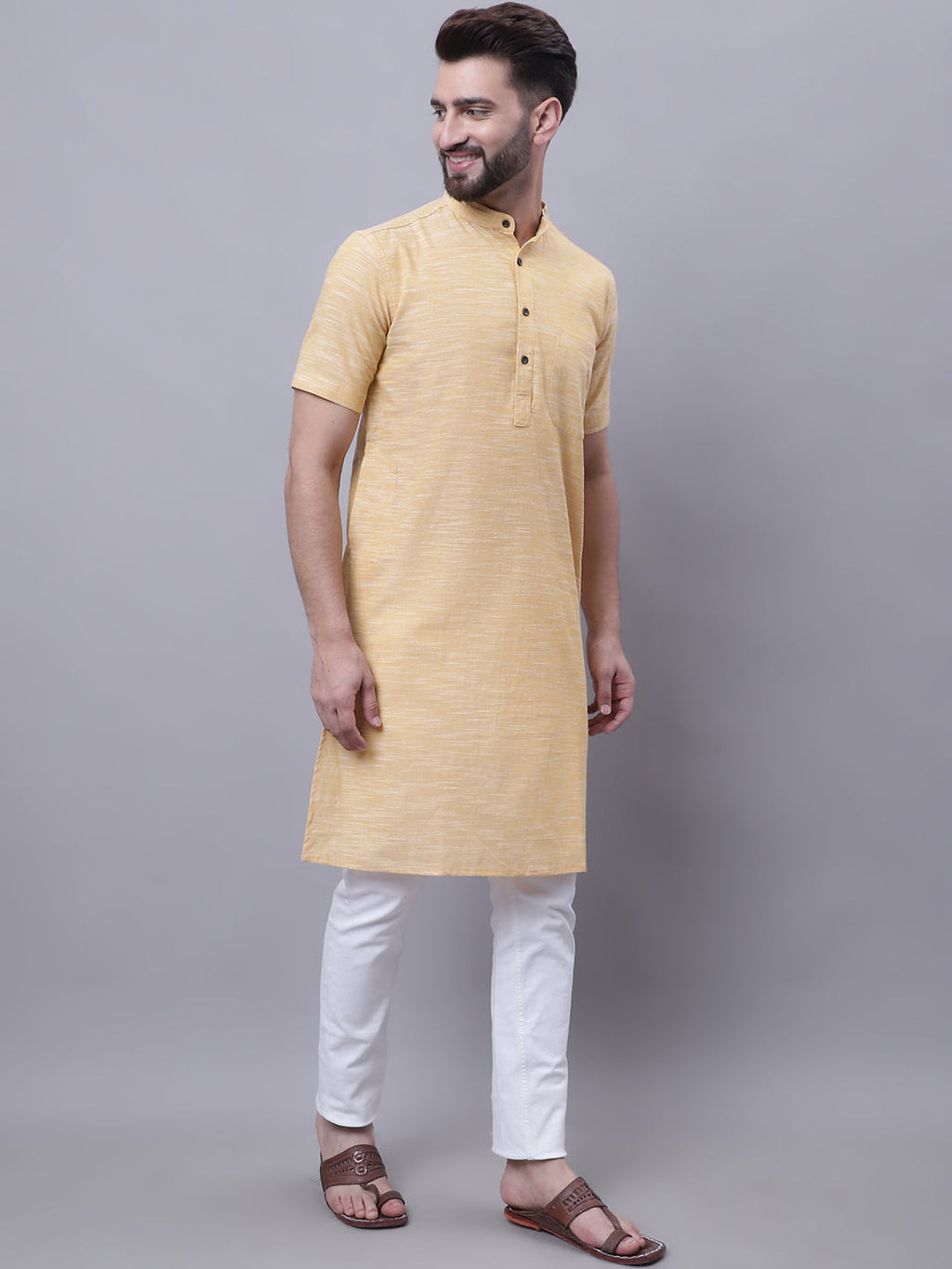 Even Apparels Yellow Pure Cotton Short Sleeves Kurta With Band Collar