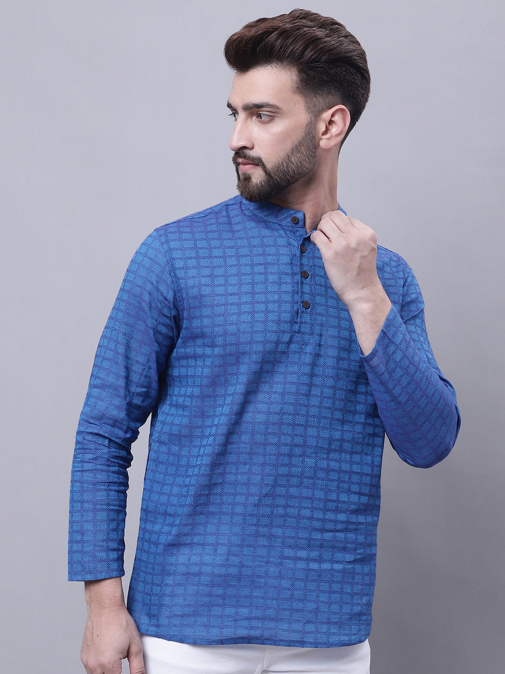 Even Apparels Blue Pure Cotton Short Kurta With Band Collar