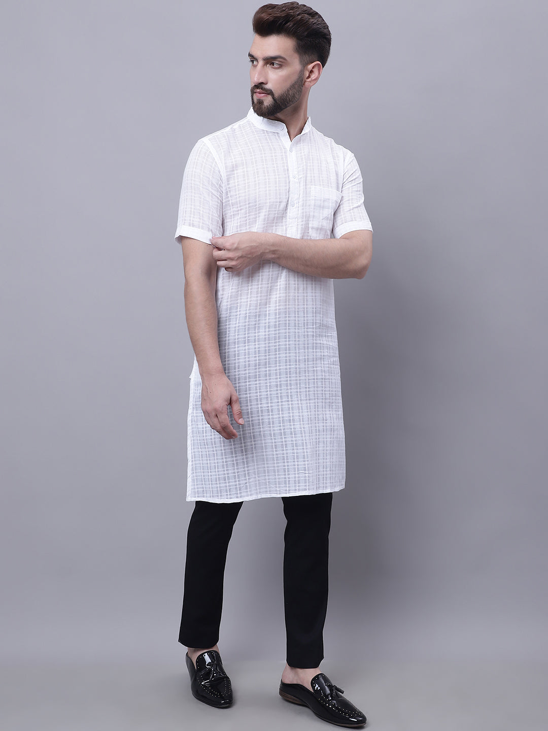 Even Apparels White Pure Cotton Short Sleeves Kurta With Band Collar