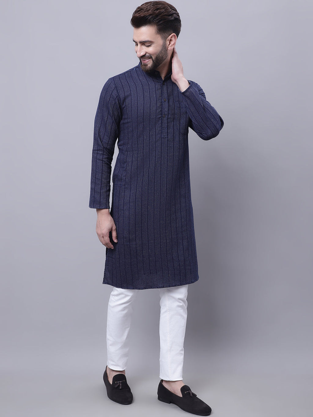 Even Apparels Blue Pure Cotton Kurta With Band Collar