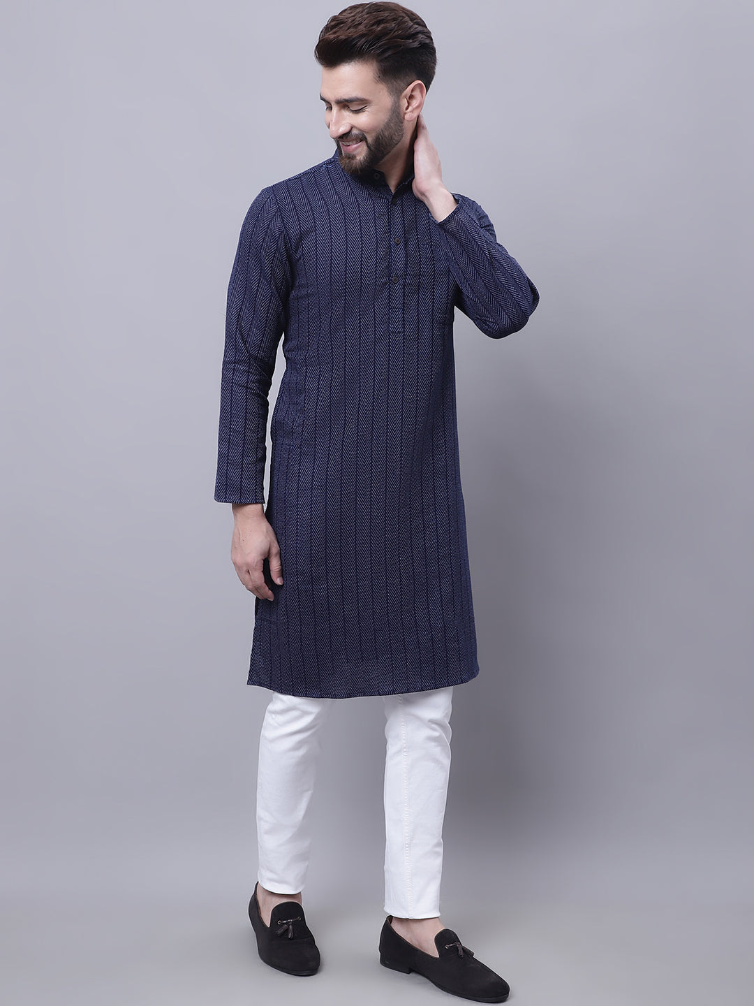 Even Apparels Blue Pure Cotton Kurta With Band Collar