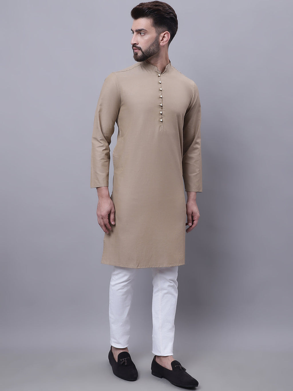 Even Apparels Beige Pure Cotton Kurta With Band Collar