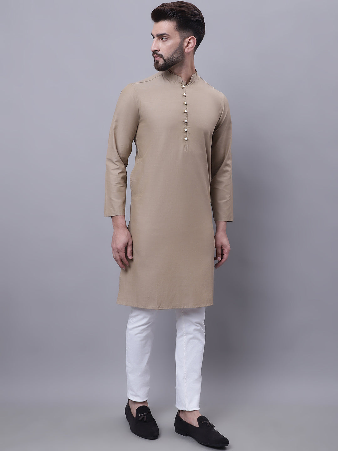 Even Apparels Beige Pure Cotton Kurta With Band Collar
