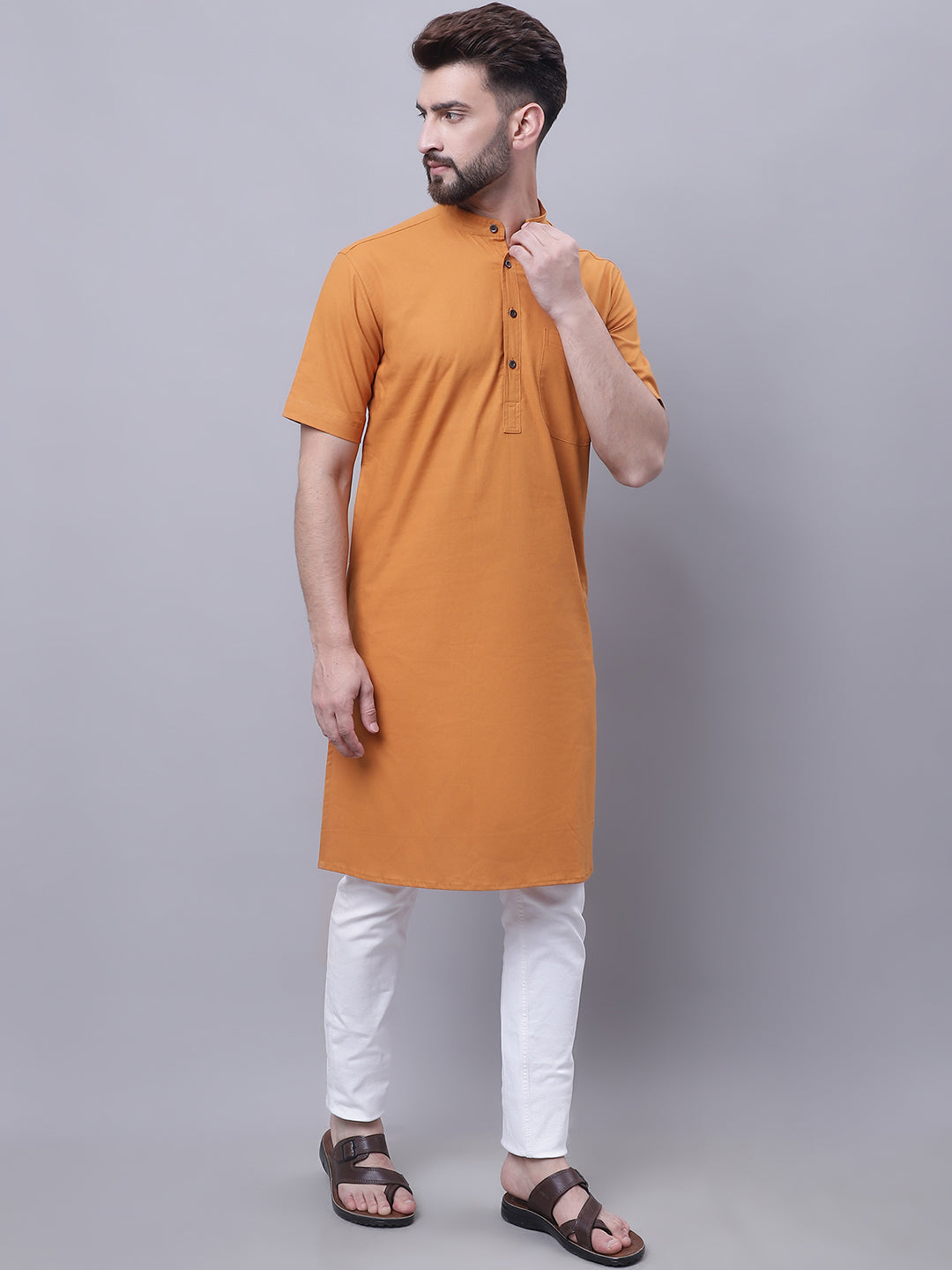 Even Apparels Yellow Pure Cotton Short Sleeves Kurta With Band Collar