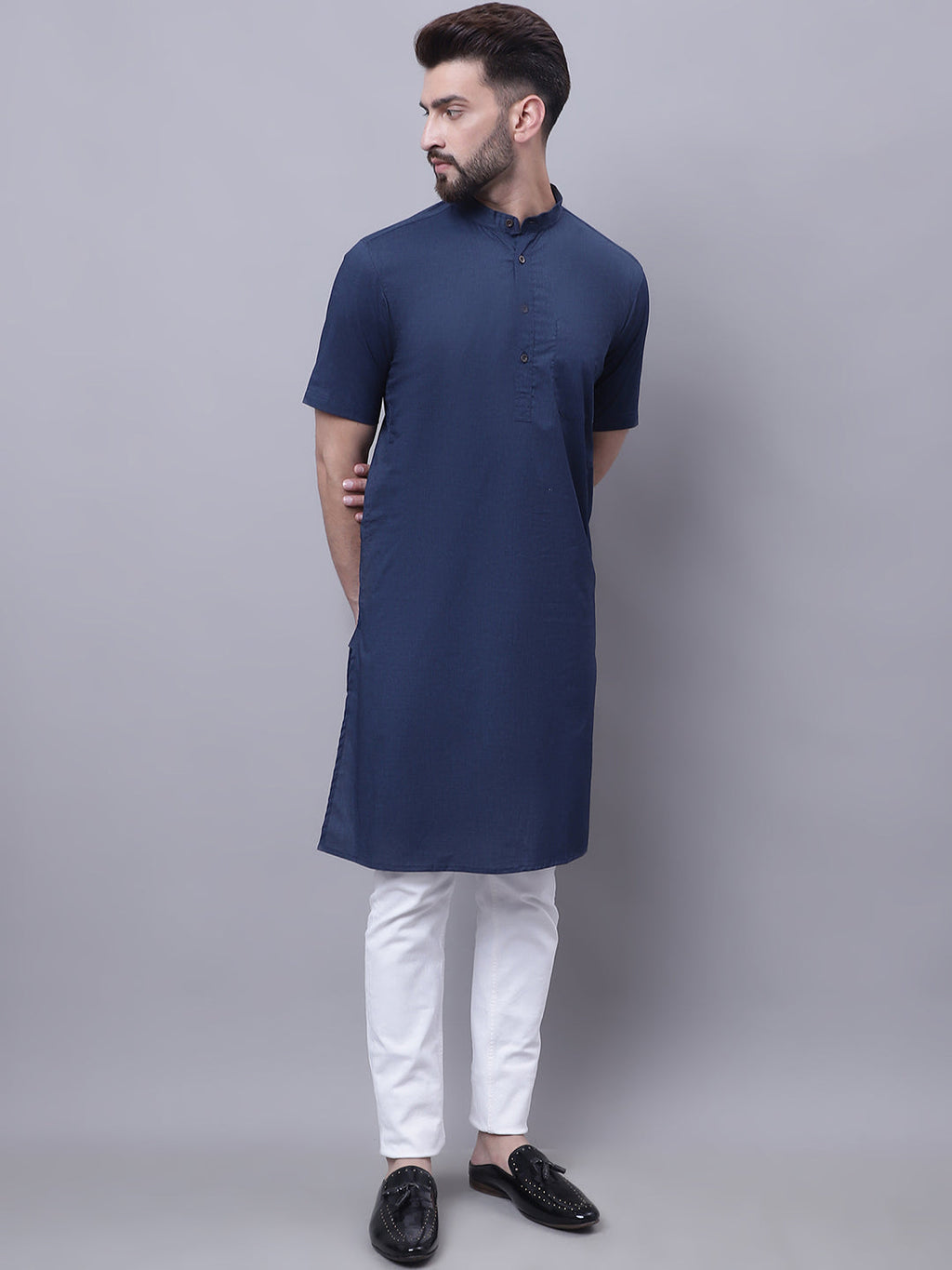 Even Apparels Blue Pure Cotton Short Sleeves Kurta With Band Collar