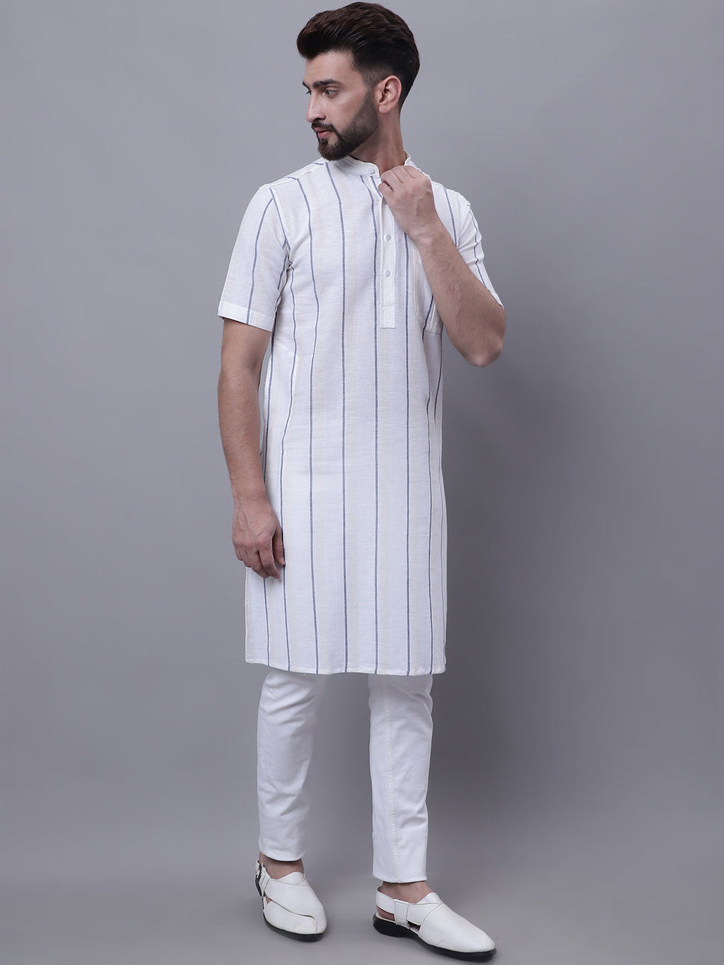 Even Apparels Cream Pure Cotton Short Sleeves Kurta With Band Collar