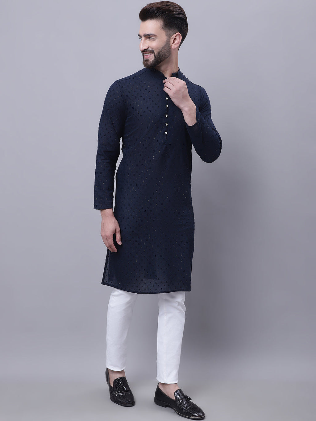 Even Apparels Blue Pure Cotton Kurta With Band Collar