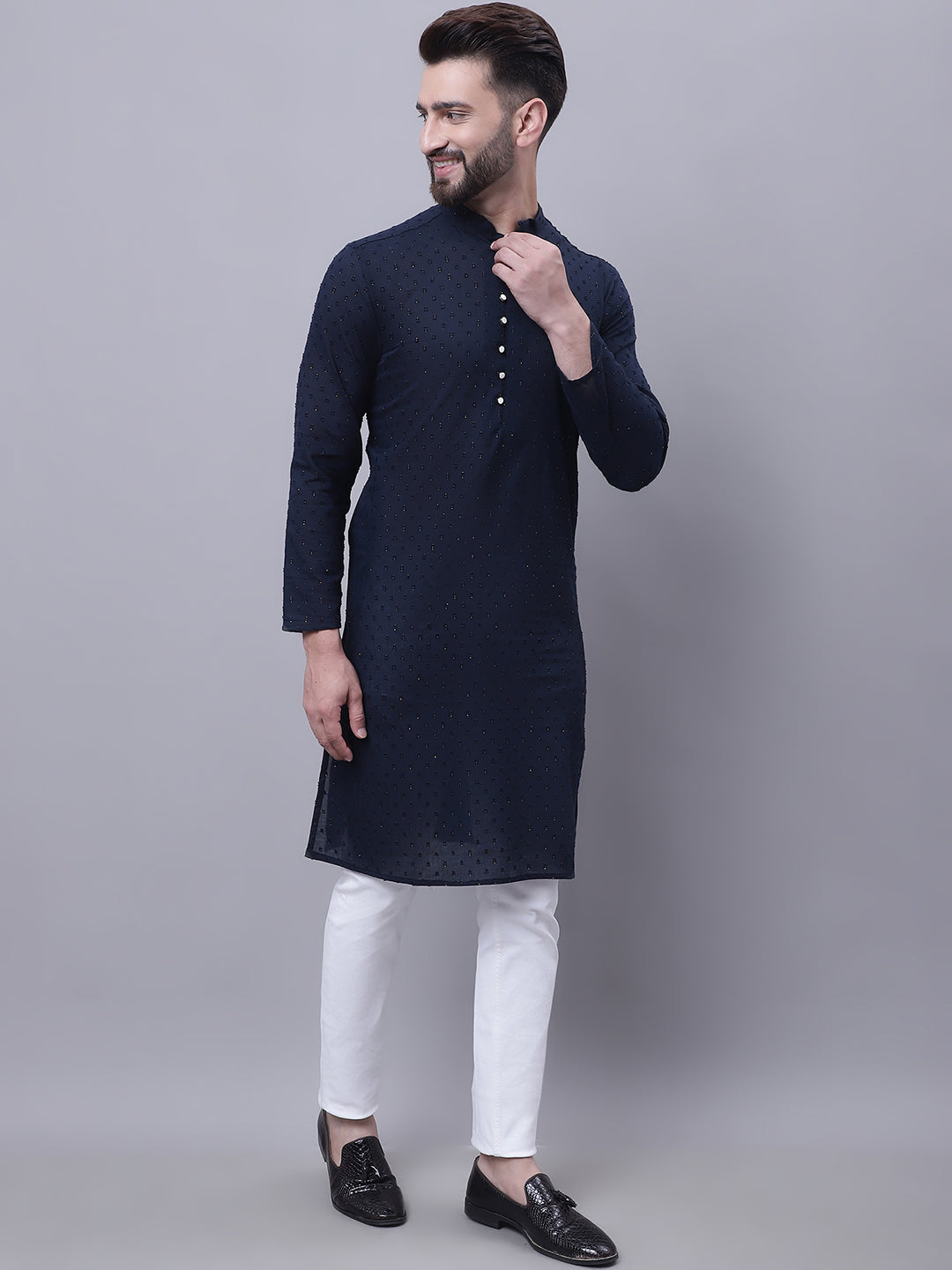 Even Apparels Blue Pure Cotton Kurta With Band Collar