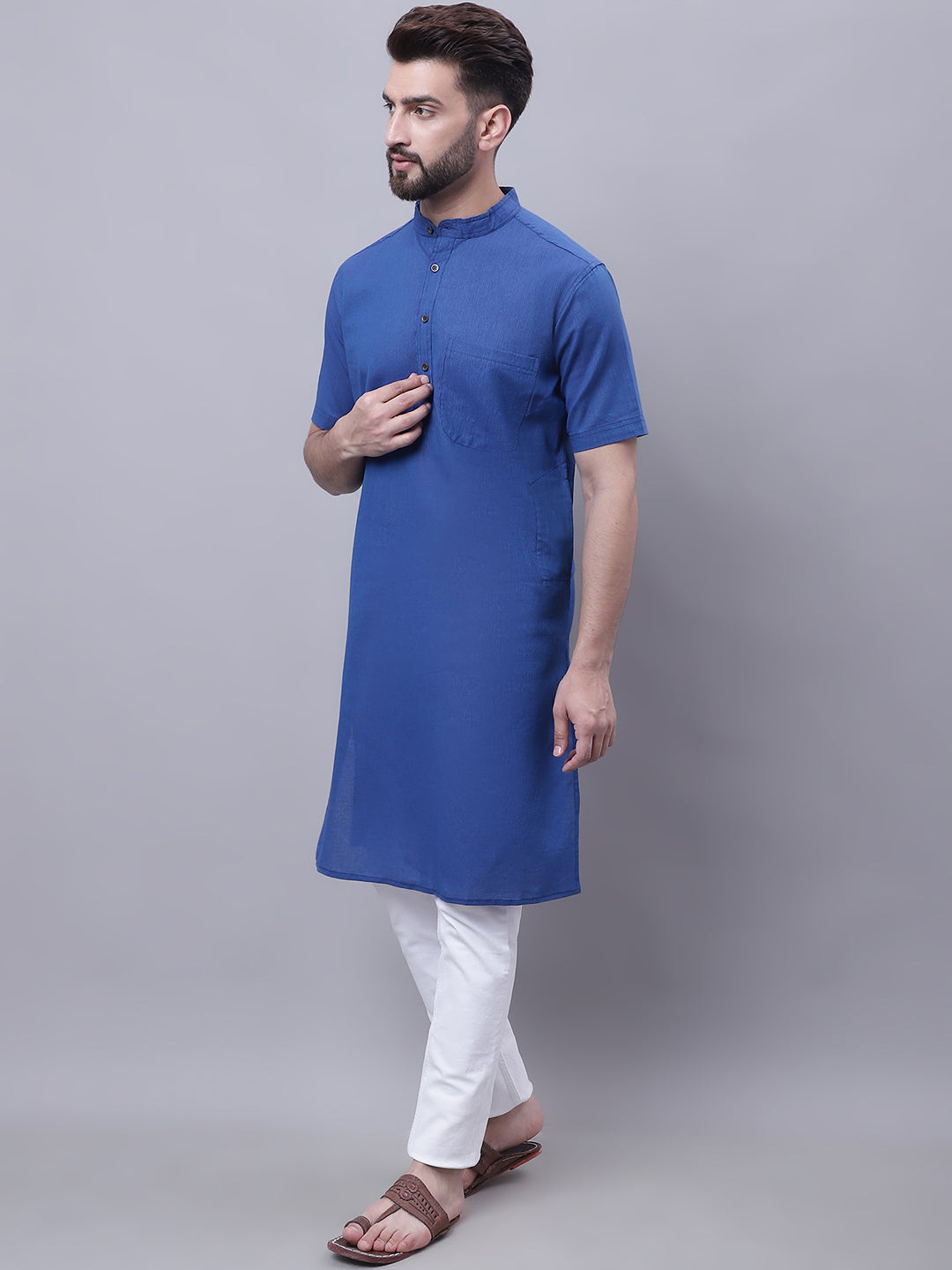 Even Apparels Blue Pure Cotton Short Sleeves Kurta With Band Collar