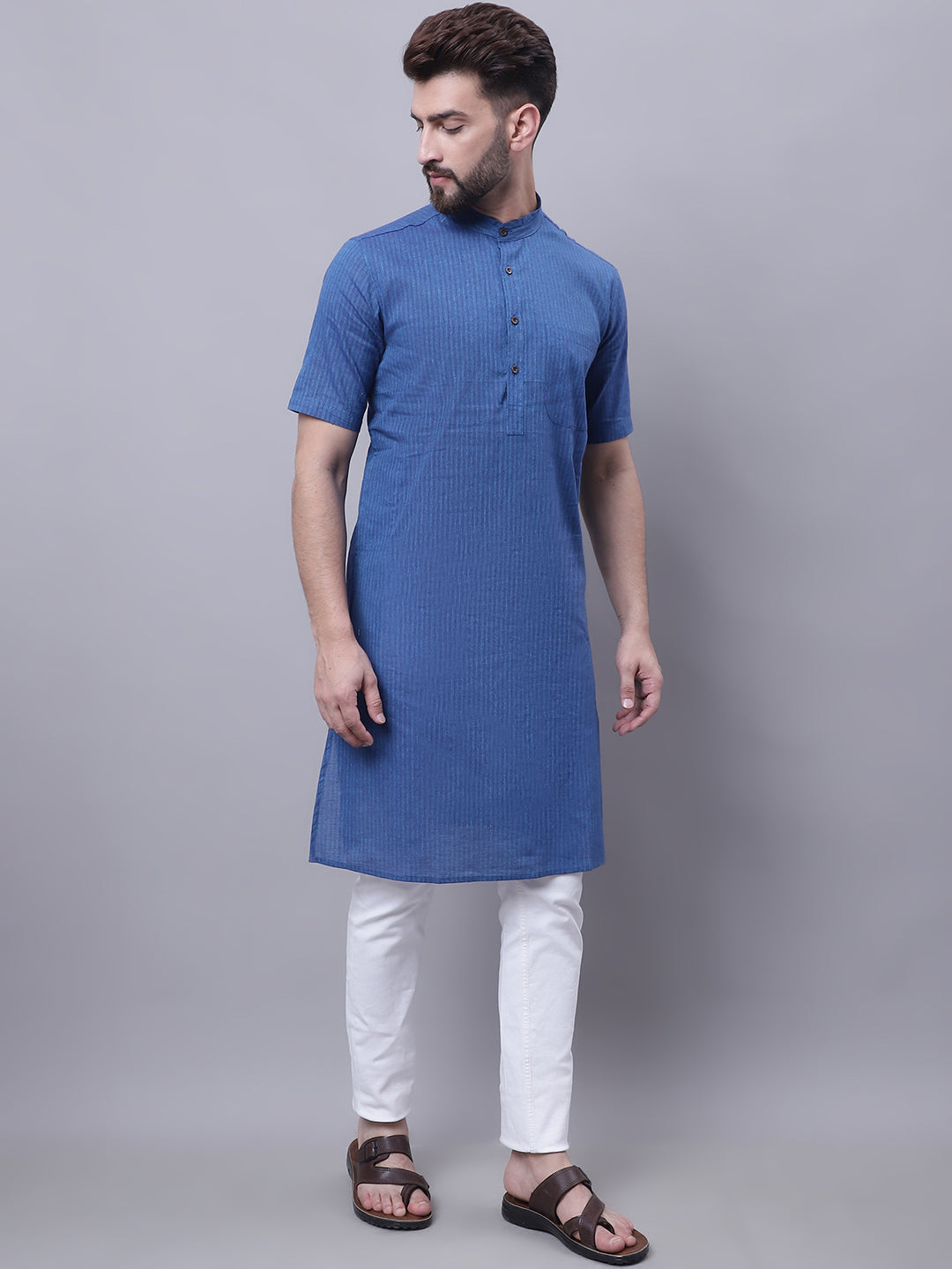 Even Apparels Blue Pure Cotton Short Sleeves Kurta With Band Collar