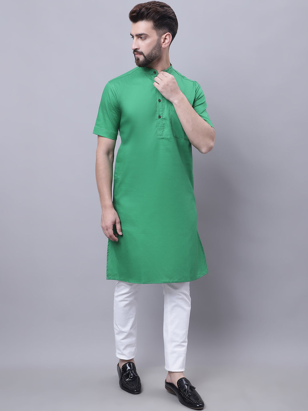 Even Apparels Green Pure Cotton Short Sleeves Kurta With Band Collar
