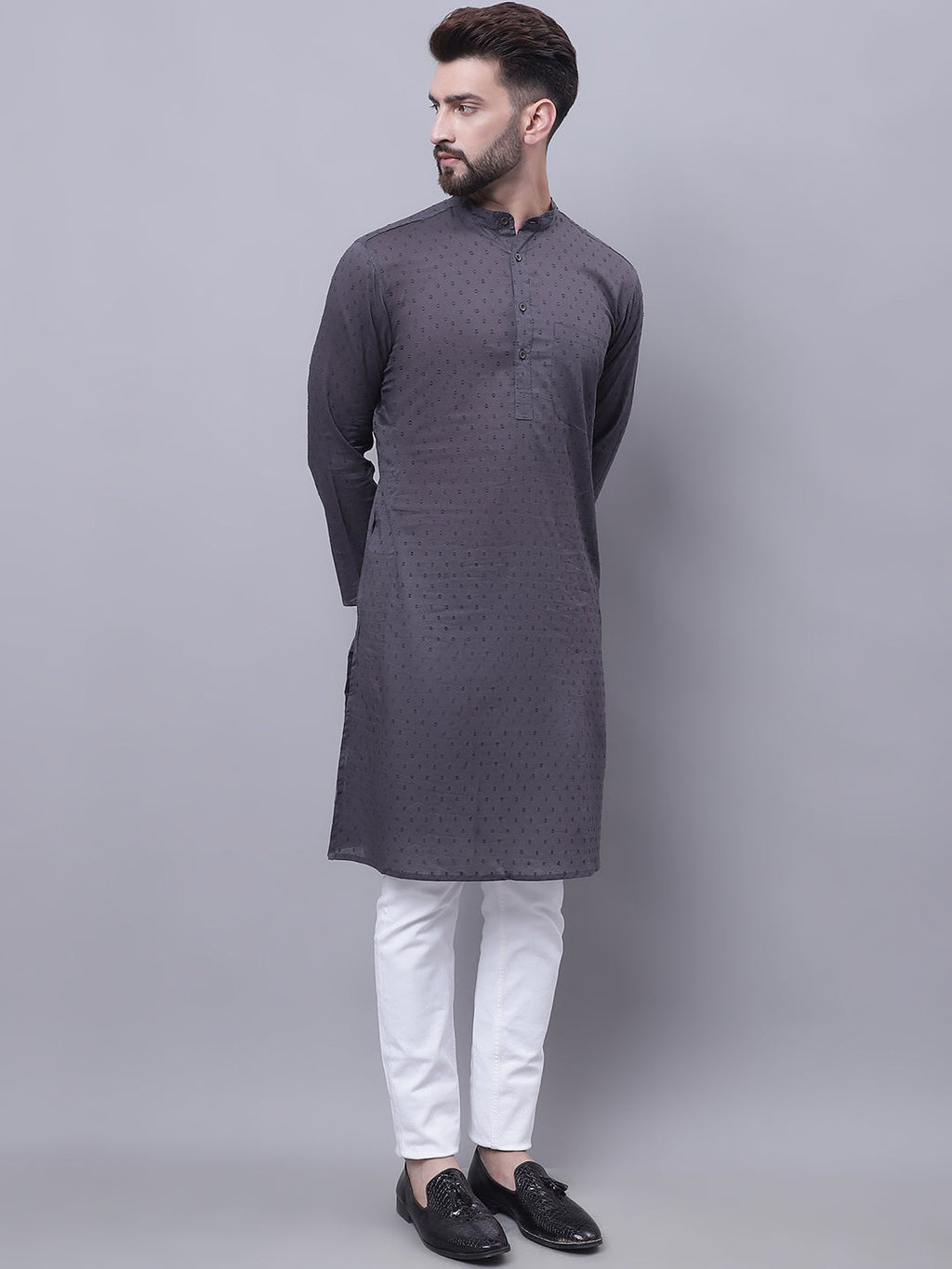 Even Apparels Grey Pure Cotton Kurta With Band Collar