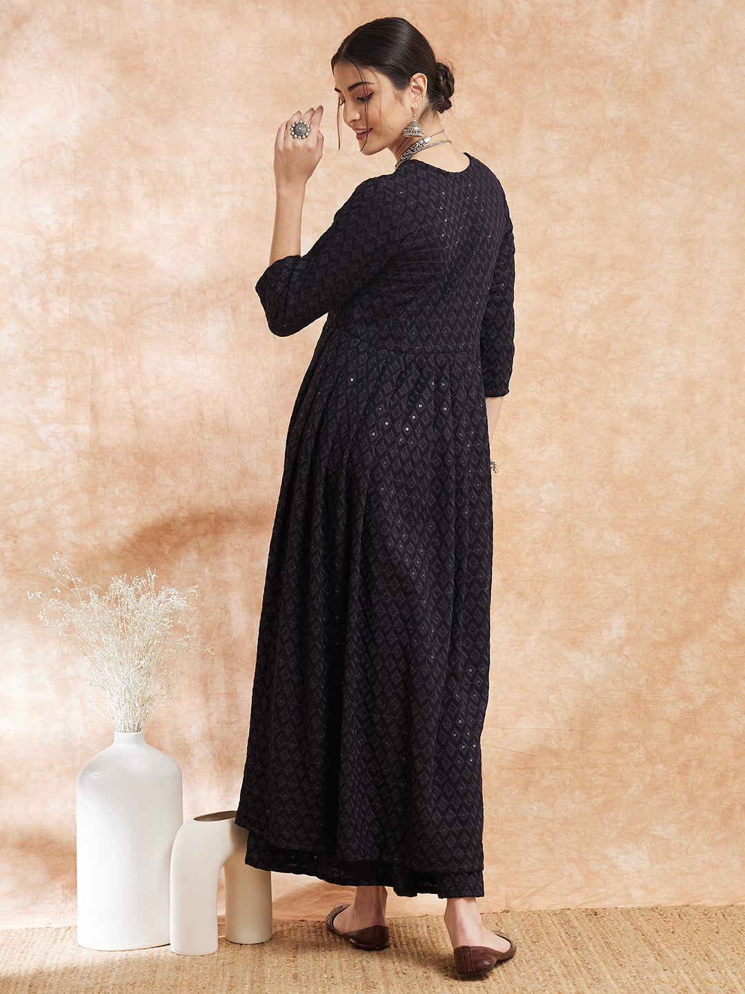 InWeave Women's Black Chikankari Long Anarkali Kurta Sharara Set