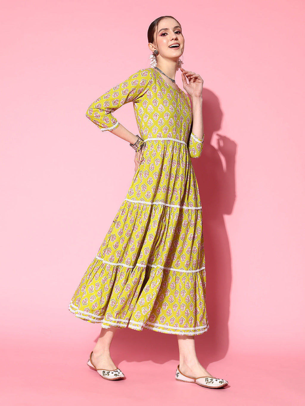 InWeave Women's Yellow Floral Print Tiered Dress With Lace