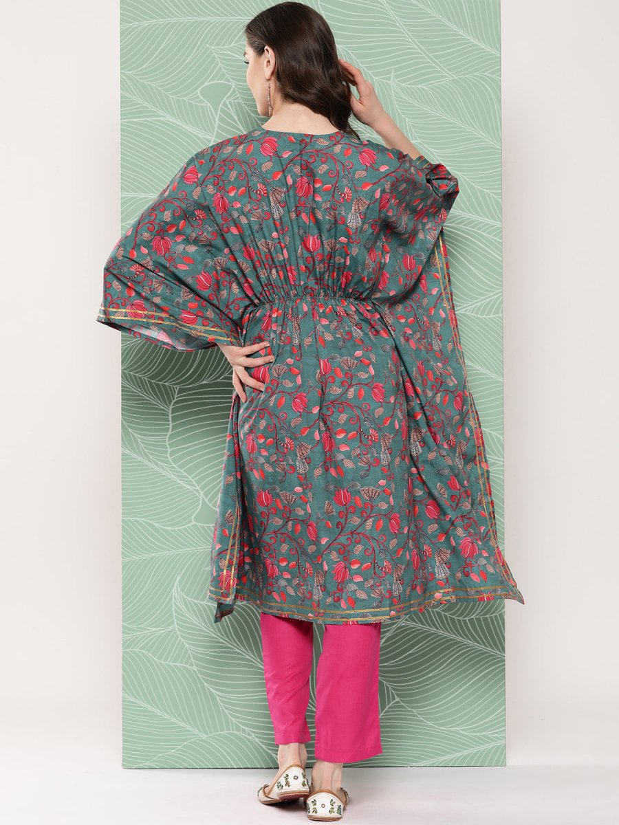 Ahalyaa Women Floral Printed Flared Sleeves Gotta Patti Crepe Kaftan Kurta