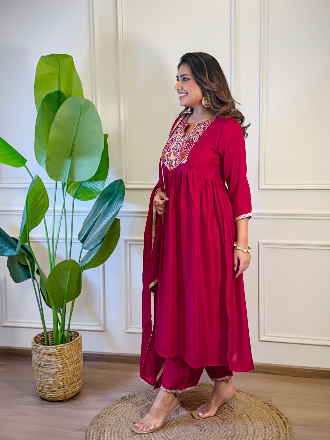 The52 Women's Gorgeous Vichitra Silk Embroidery Flared Kurta with Palazzo And Dupatta Set