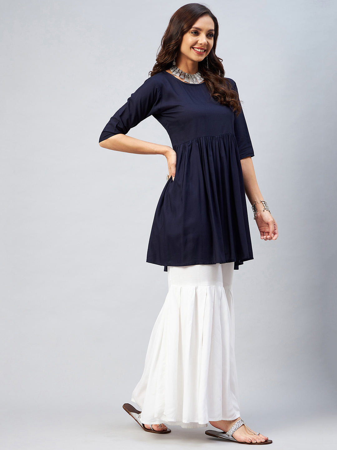 InWeave Women's Navy Blue Short Anarkali Kurta