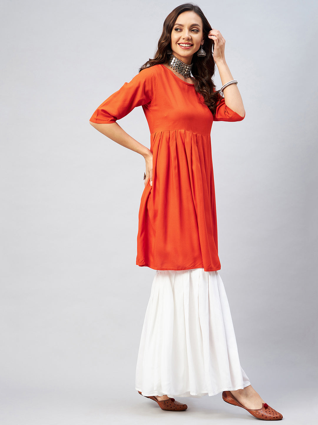 InWeave Women's Orange Short Anarkali Kurta