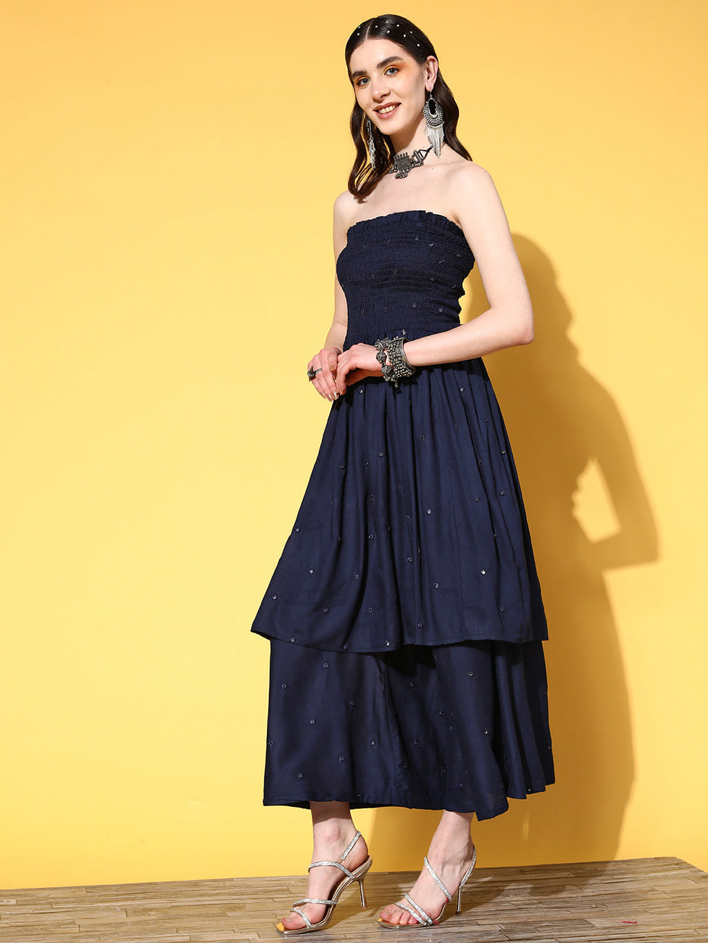 InWeave Women's Navy Mirror Work Off Shoulder Kurta Set With Dupatta