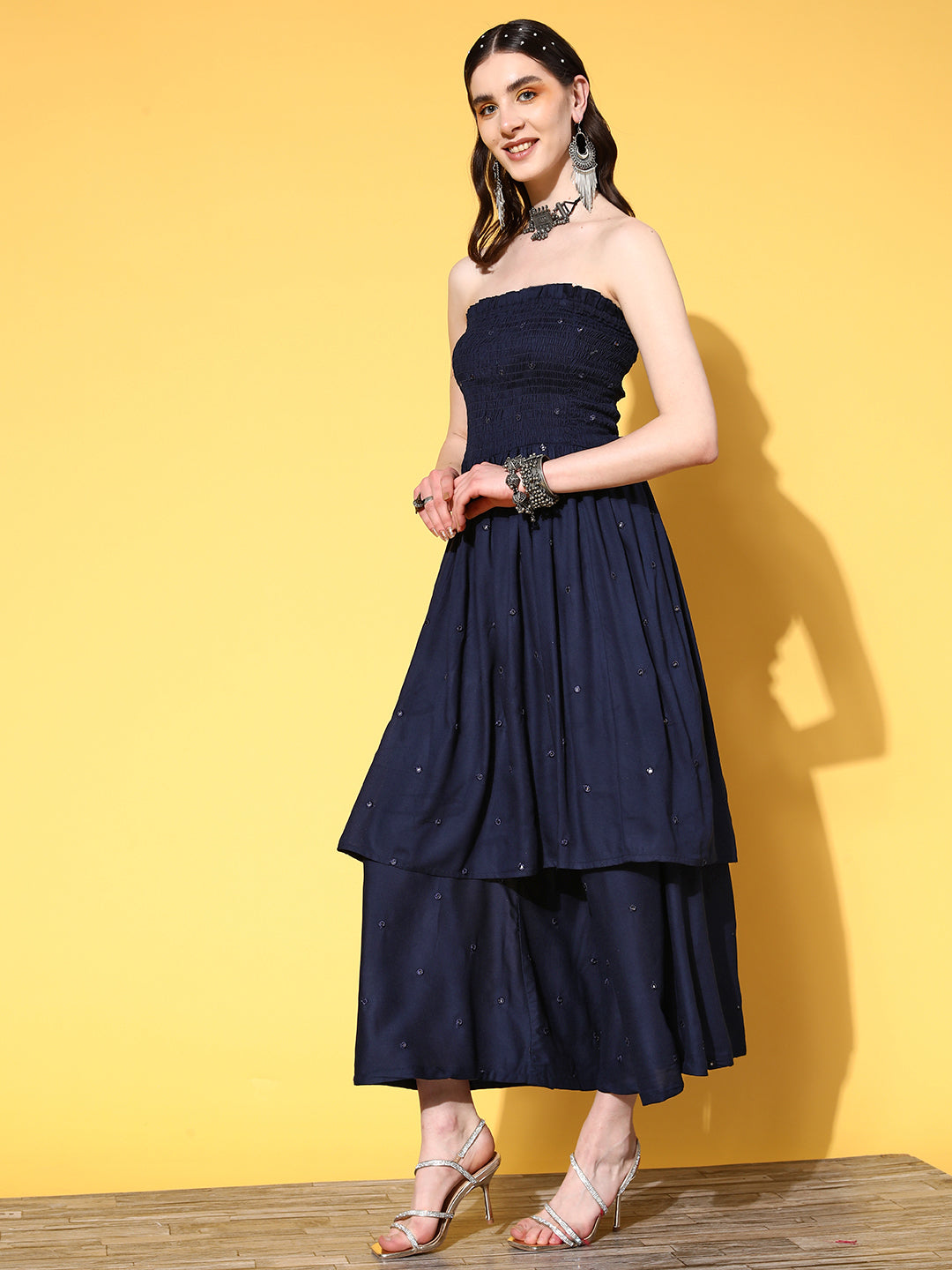 InWeave Women's Navy Mirror Work Off Shoulder Kurta Set With Dupatta