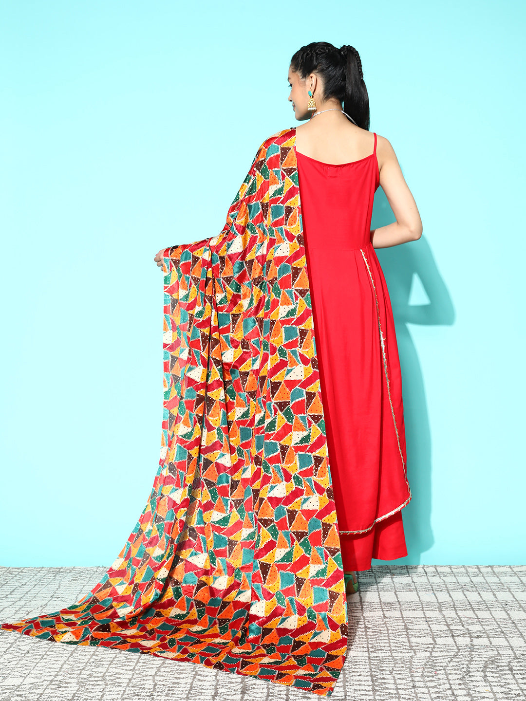 InWeave Women's Red Gota Strappy Set With Multi Foil Muslin Dupatta