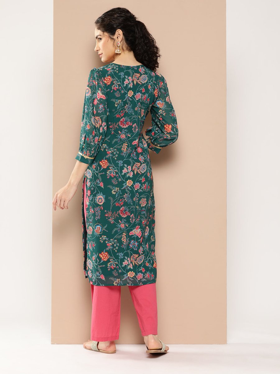 Ahalyaa Women Floral Printed Gotta Patti Floral Georgette Kurta