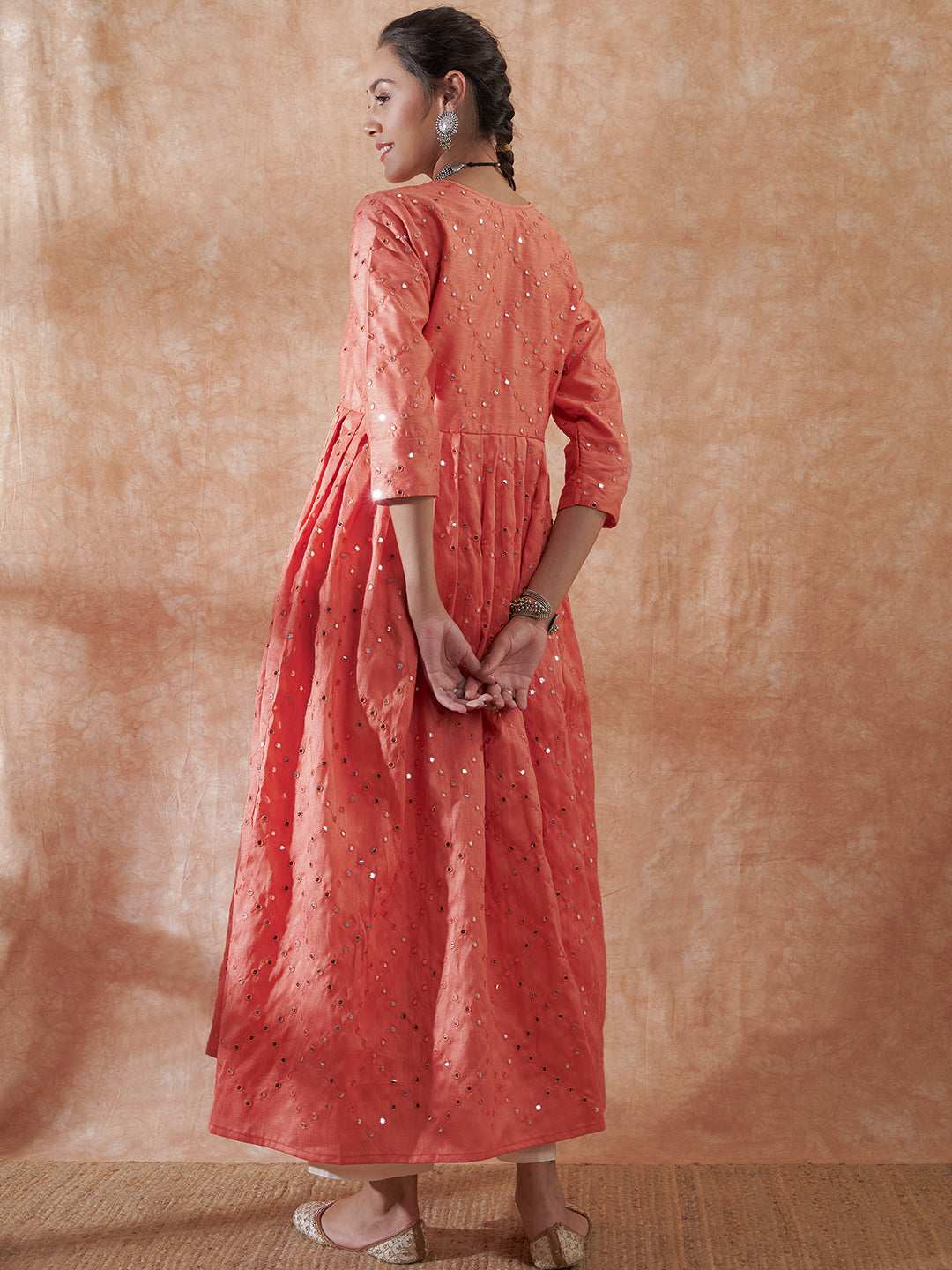 InWeave Women's Peach Mirror Work Long Anarkali Kurta