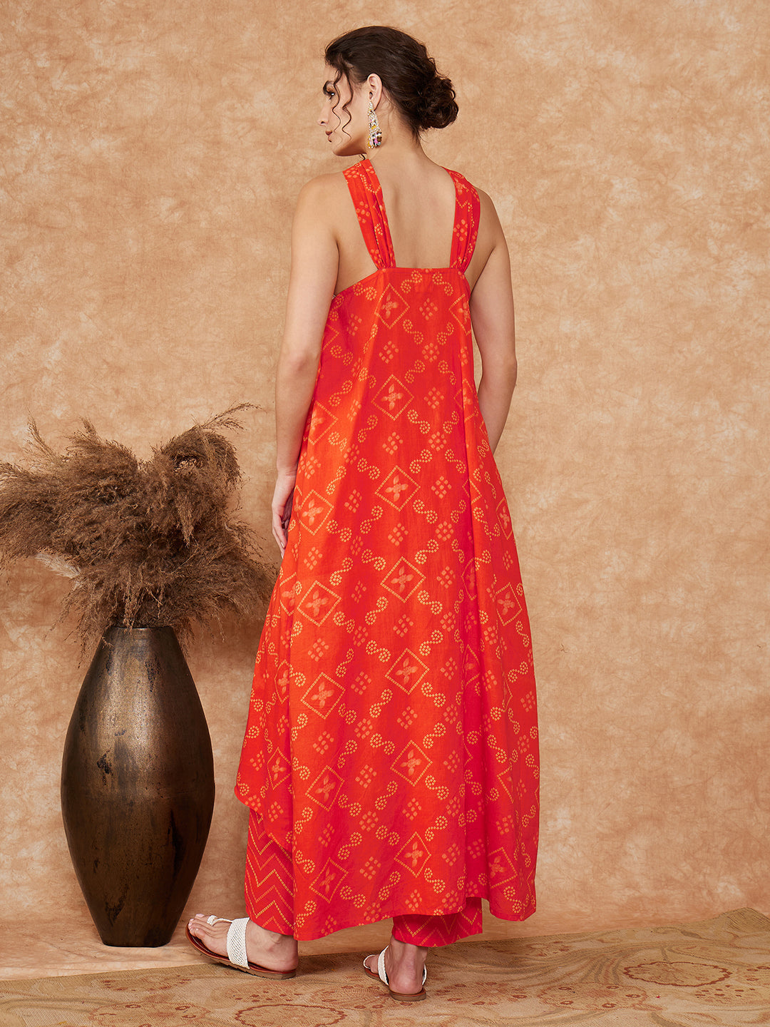 InWeave Women's Orange S Print Twisted Neckline Kurta Pant Set