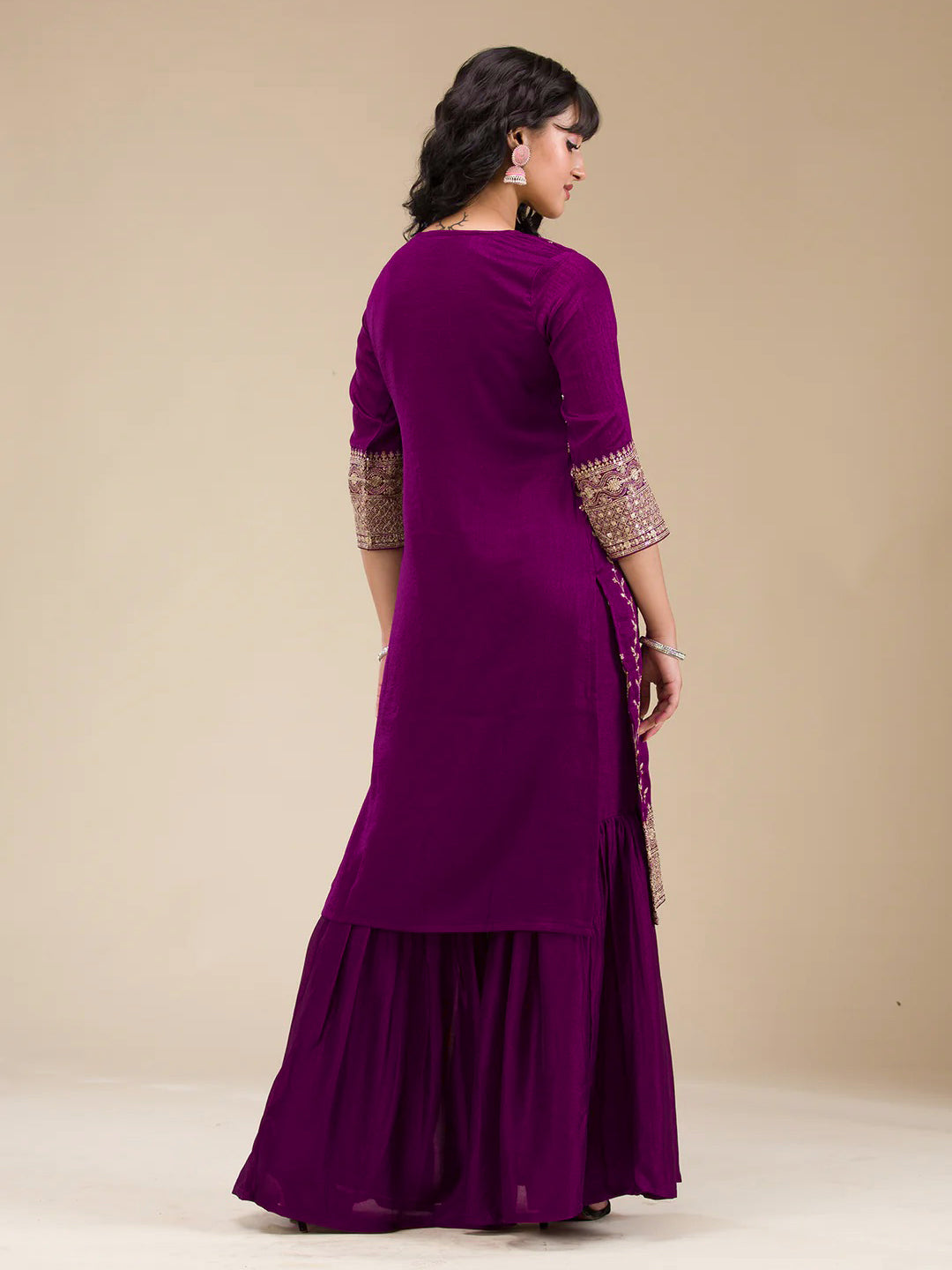 The52 Beautiful Embroidered Vichitra Silk Fabric Straight Kurta, Palazzo and Dupatta Set