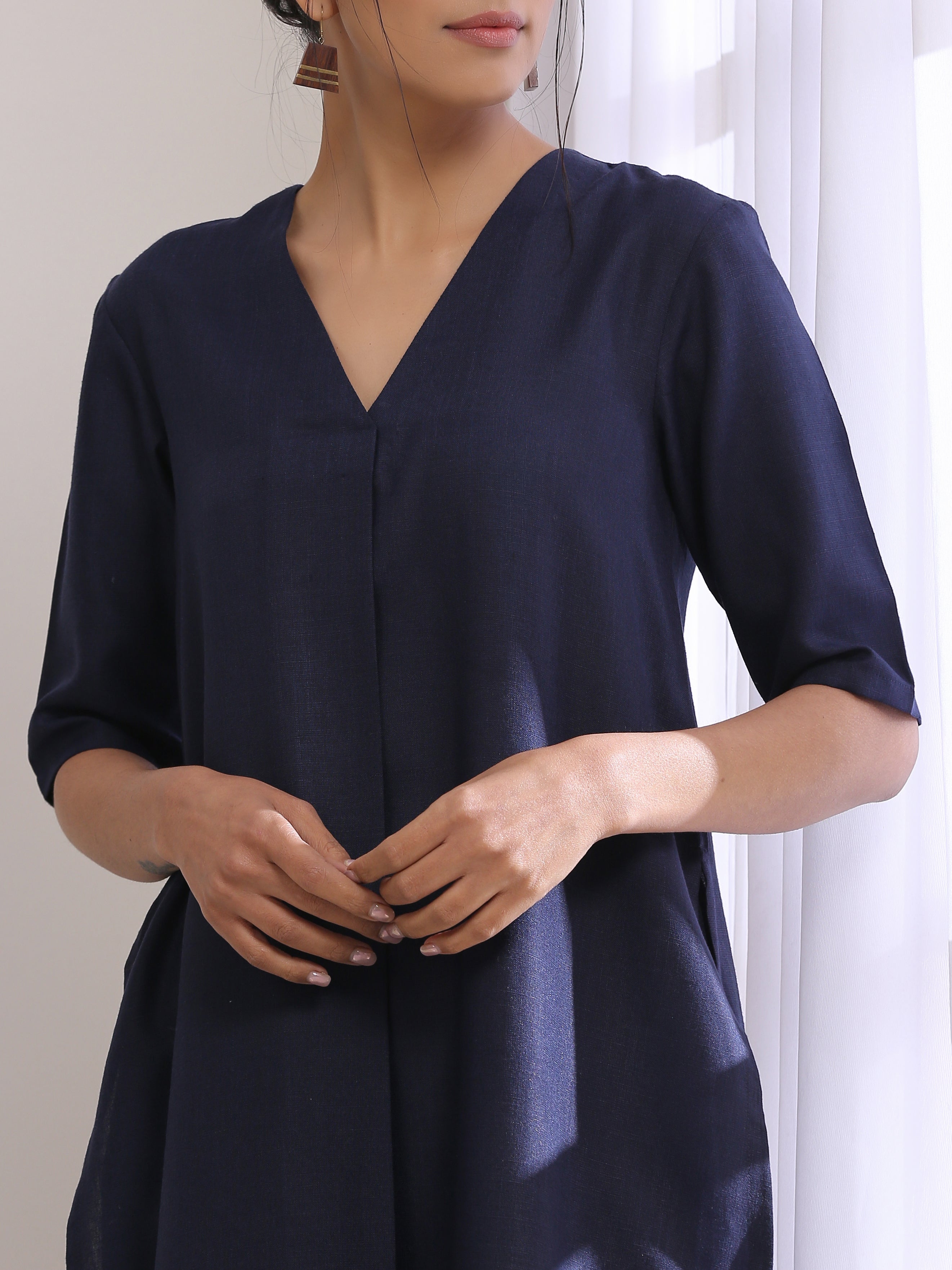 trueBrowns Blue Slub High Slit Kurta Pant Set