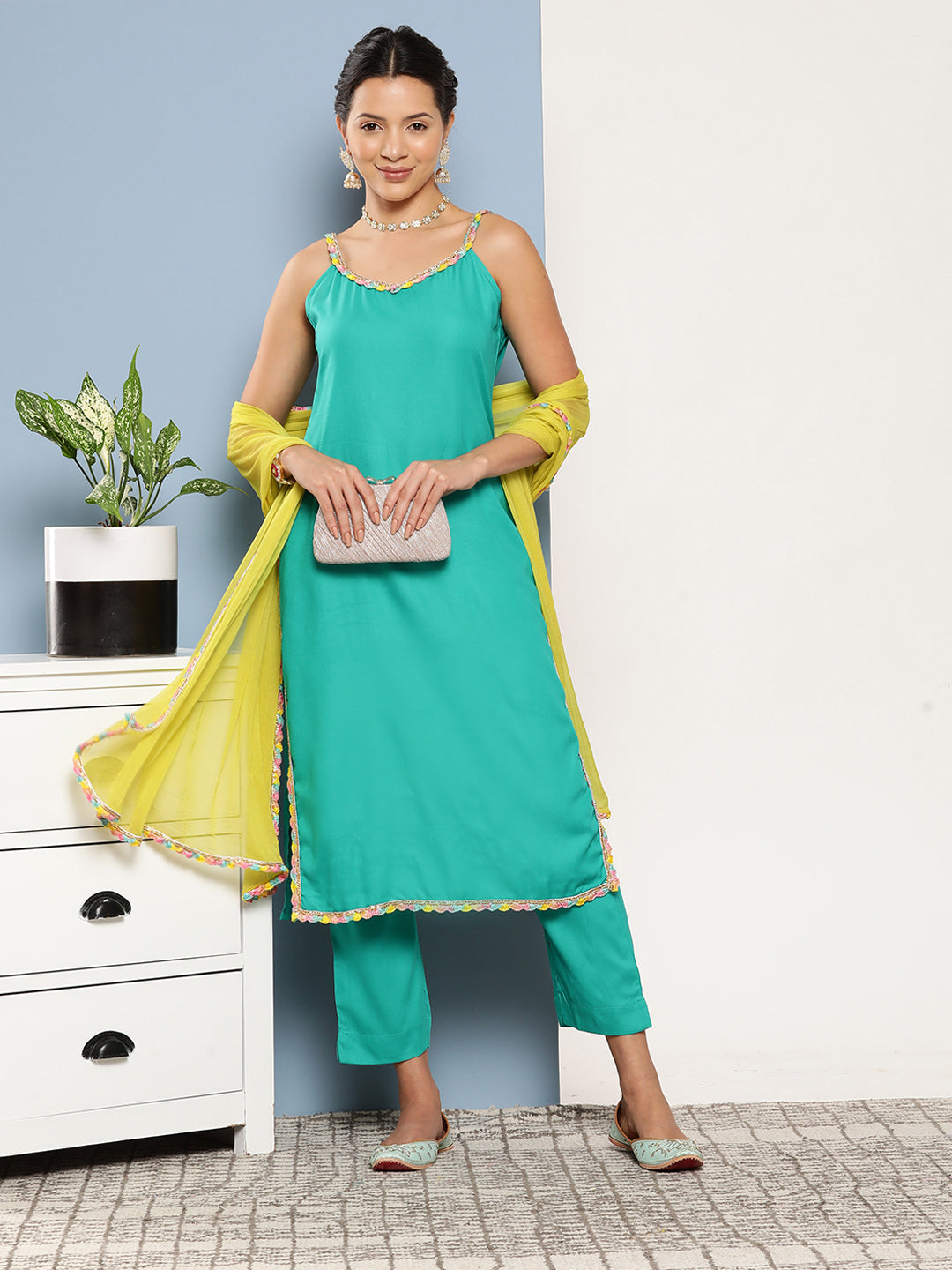 InWeave Women's Teal Lace Work Straight Strappy Kurta Set With Lime Green Chiffon Dupatta