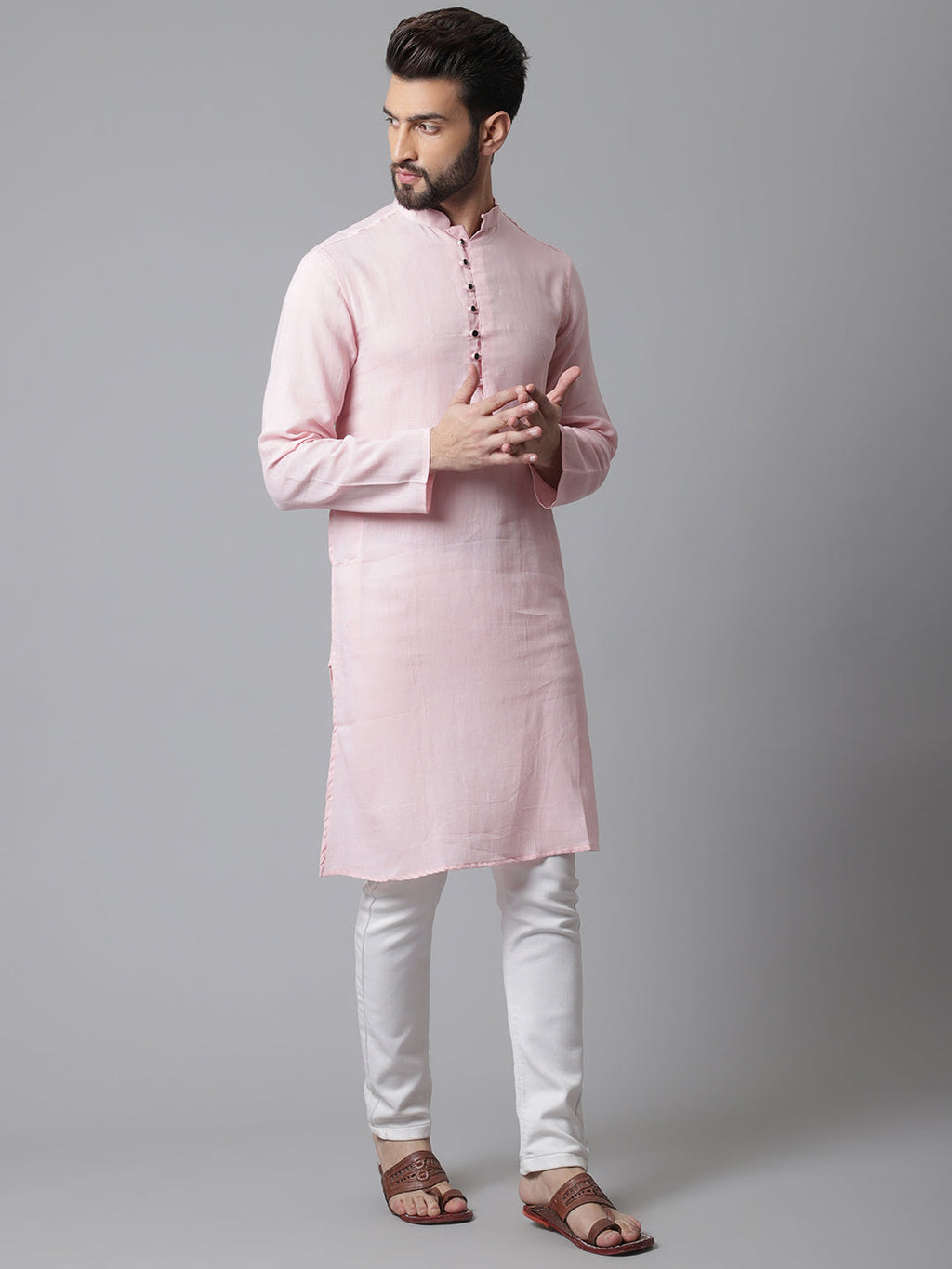 Even Apparels Pink Pure Cotton Kurta With Band Collar