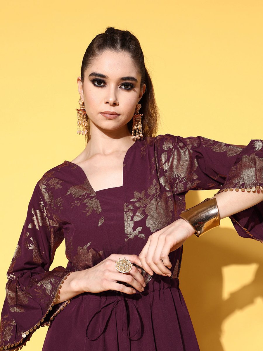Ahalyaa Burgundy & Gold-Toned Bell Sleeves Printed Ethnic Jumpsuit With Waist Tie-Ups