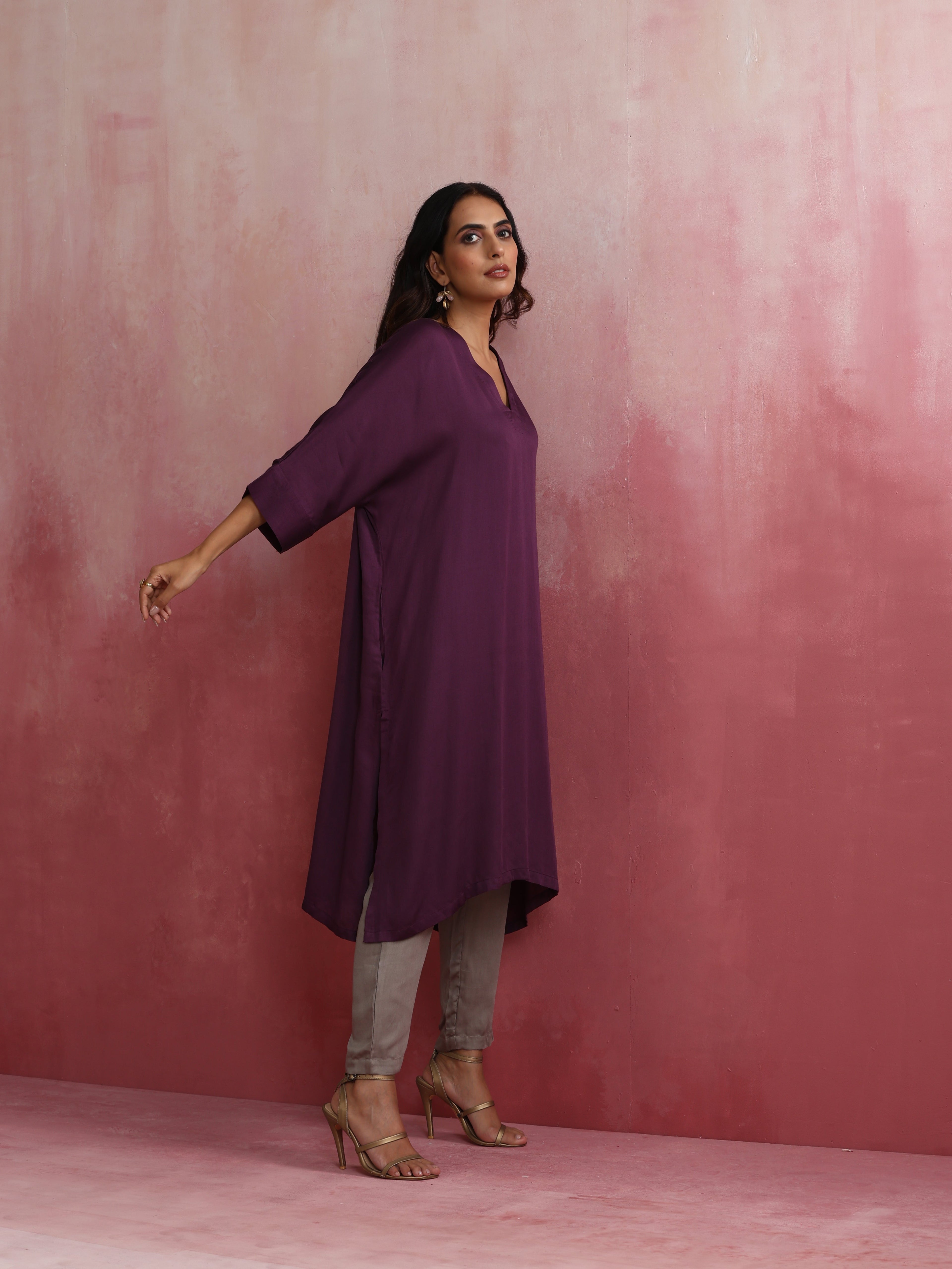 trueBrowns Purple Modal Kimono Kurta Set