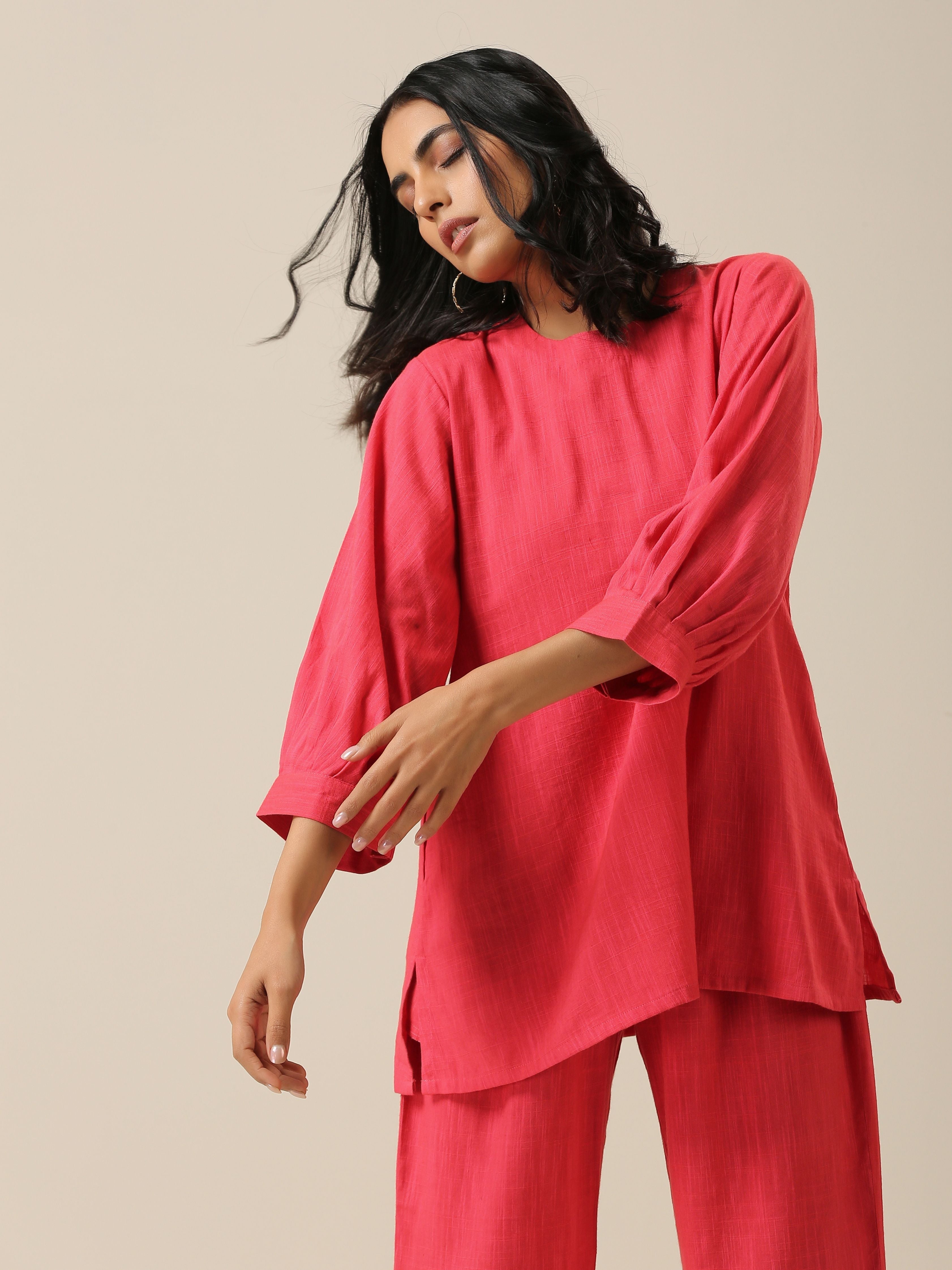 trueBrowns Bright Pink Slub Texture Baggy Sleeve Co-Ord Set
