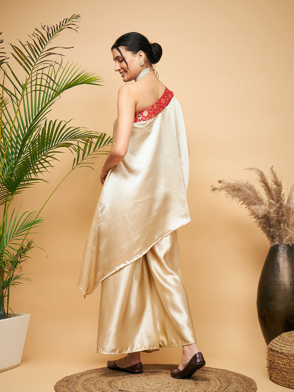 InWeave Women's Beige Red Brocade Oneshoulder Top Satin W Palazzo Set