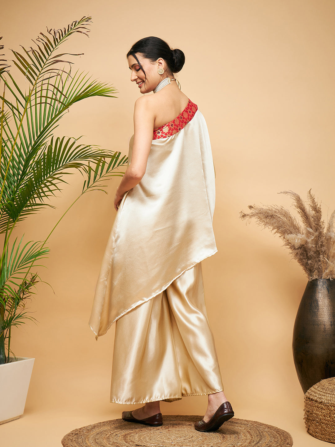 InWeave Women's Beige Red Brocade Oneshoulder Top Satin W Palazzo Set