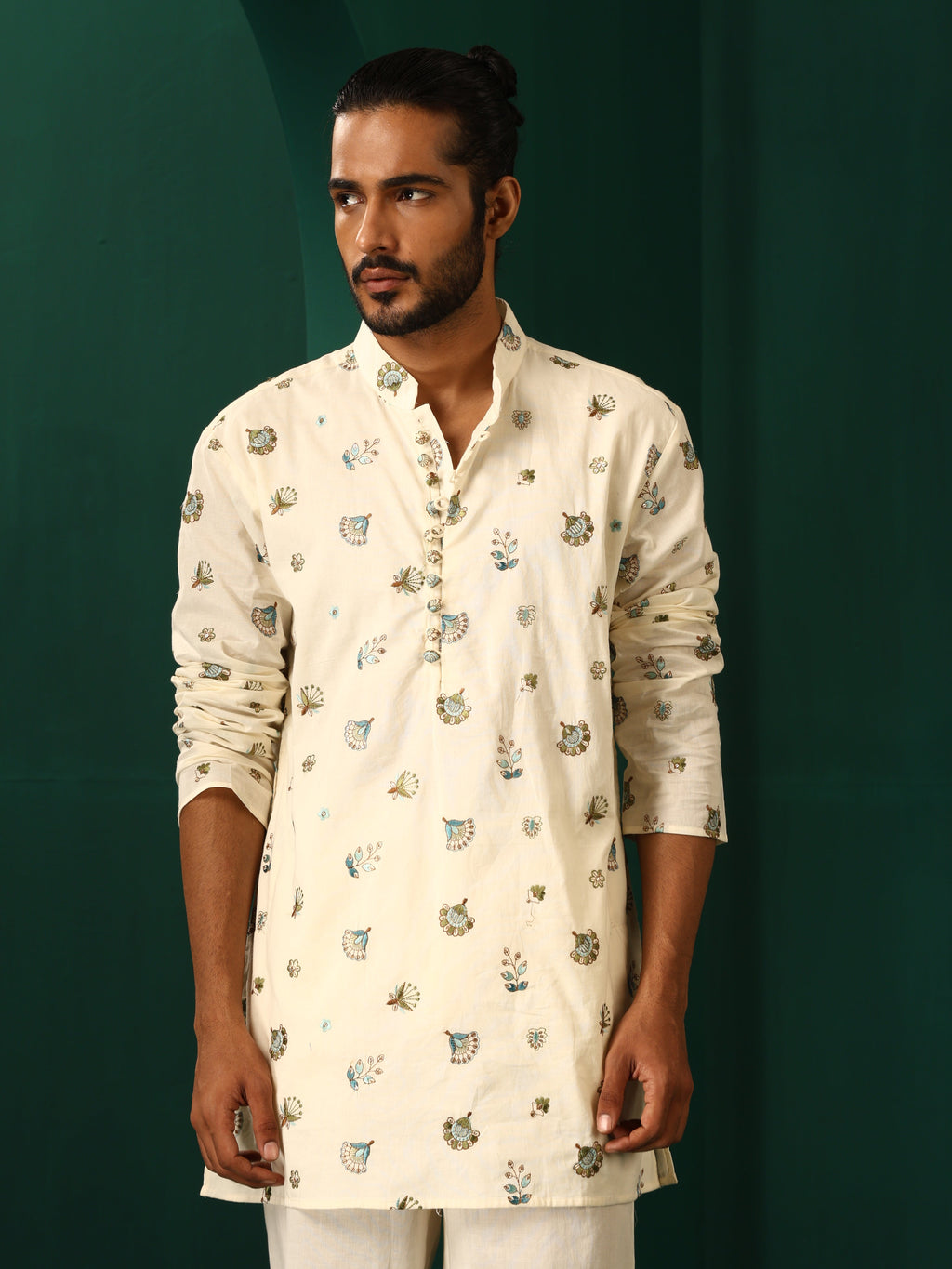 trueBrowns Men's Ivory Blue Multi color Floral Cotton Co-ord Set