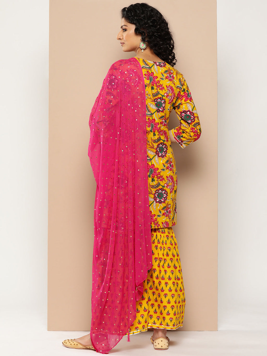 KSUT (House of Varanga) Yellow & Pink Floral Printed Kurta with Gota Work With Sharara & Dupatta