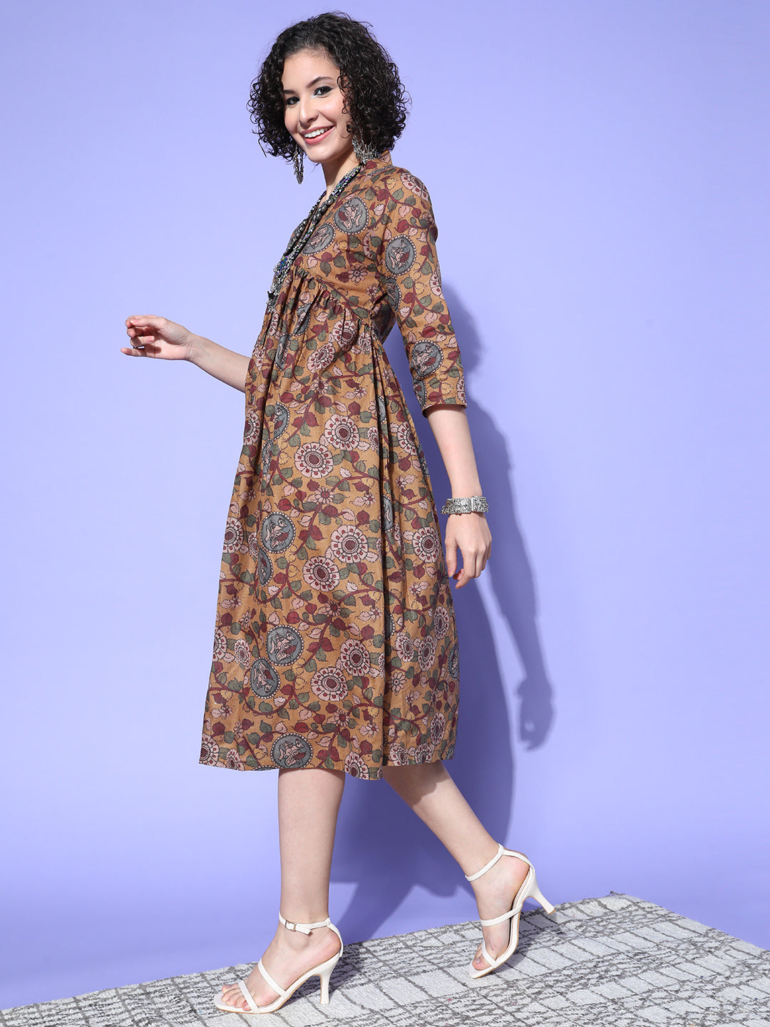 InWeave Women's Ochre Mustard Kalamkari Print Dress