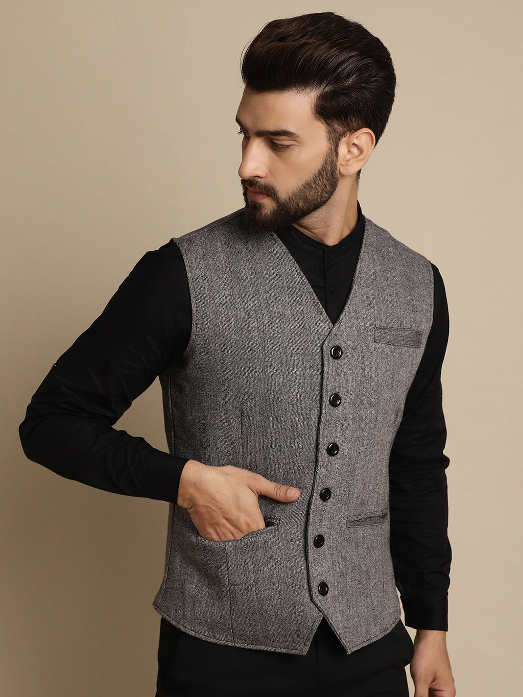 Even Apparels Men's Black Woolen Waistcoat with welt pockets