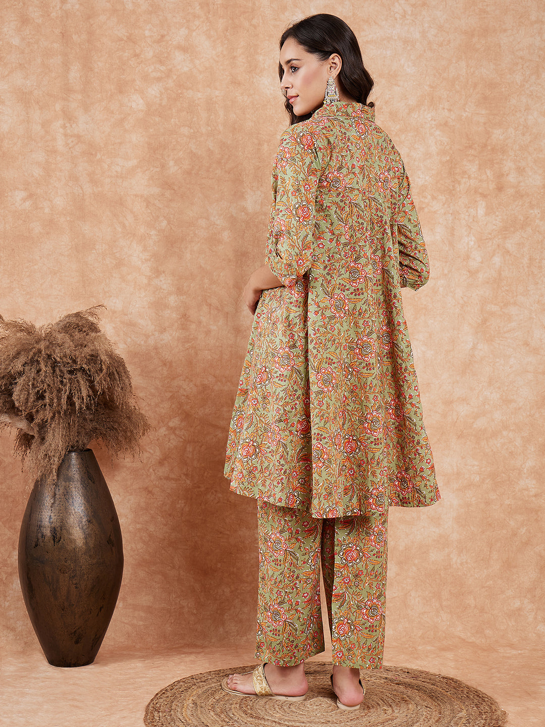 InWeave Women's Pear Green Orange Floral Print Flared Kurta Pant Set