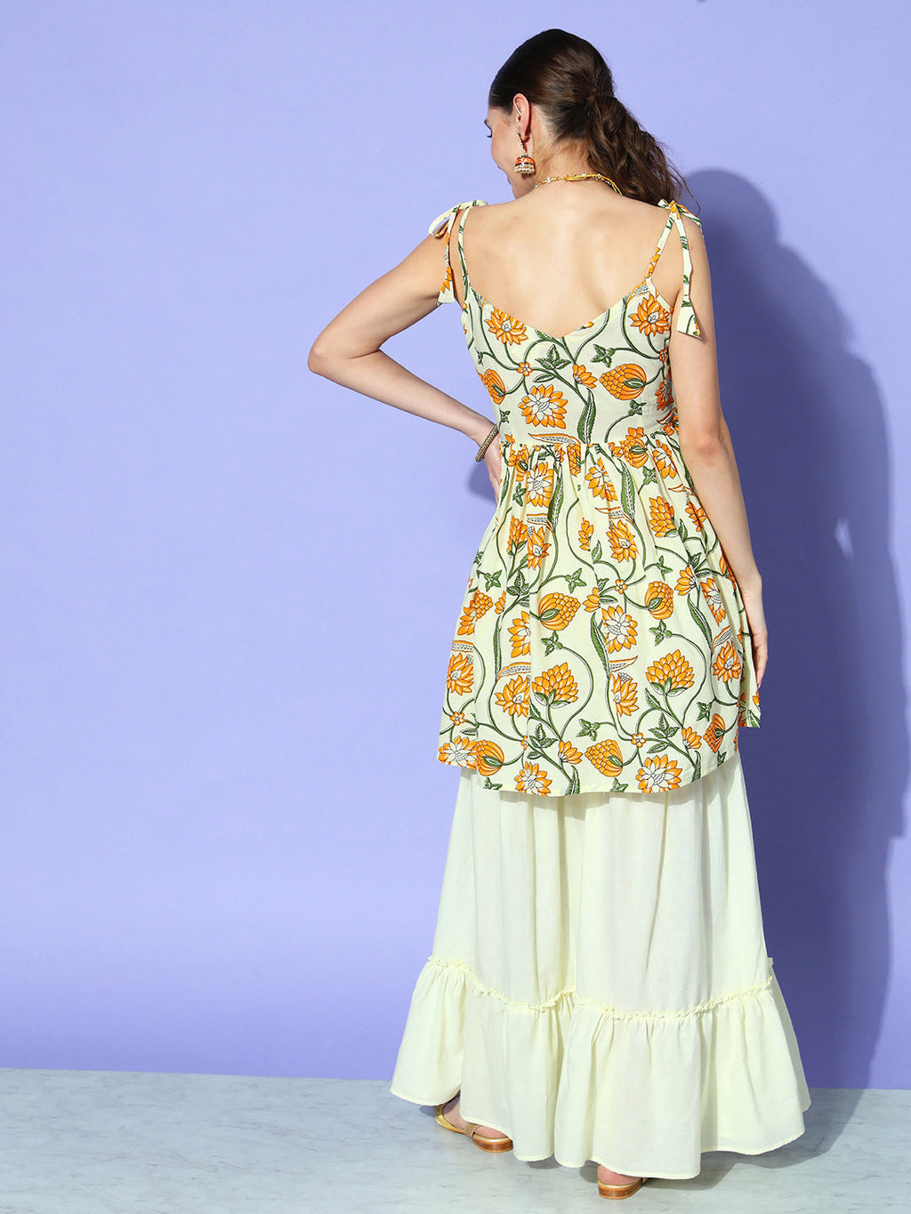 InWeave Women's Off White Yellow Floral Print Tie Up Kurta Sharara Set